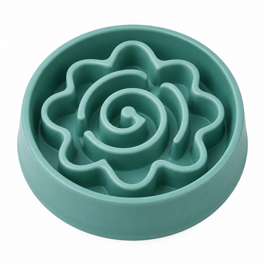 Top-down view of slow feeder dog bowl with flower maze ridges on white background