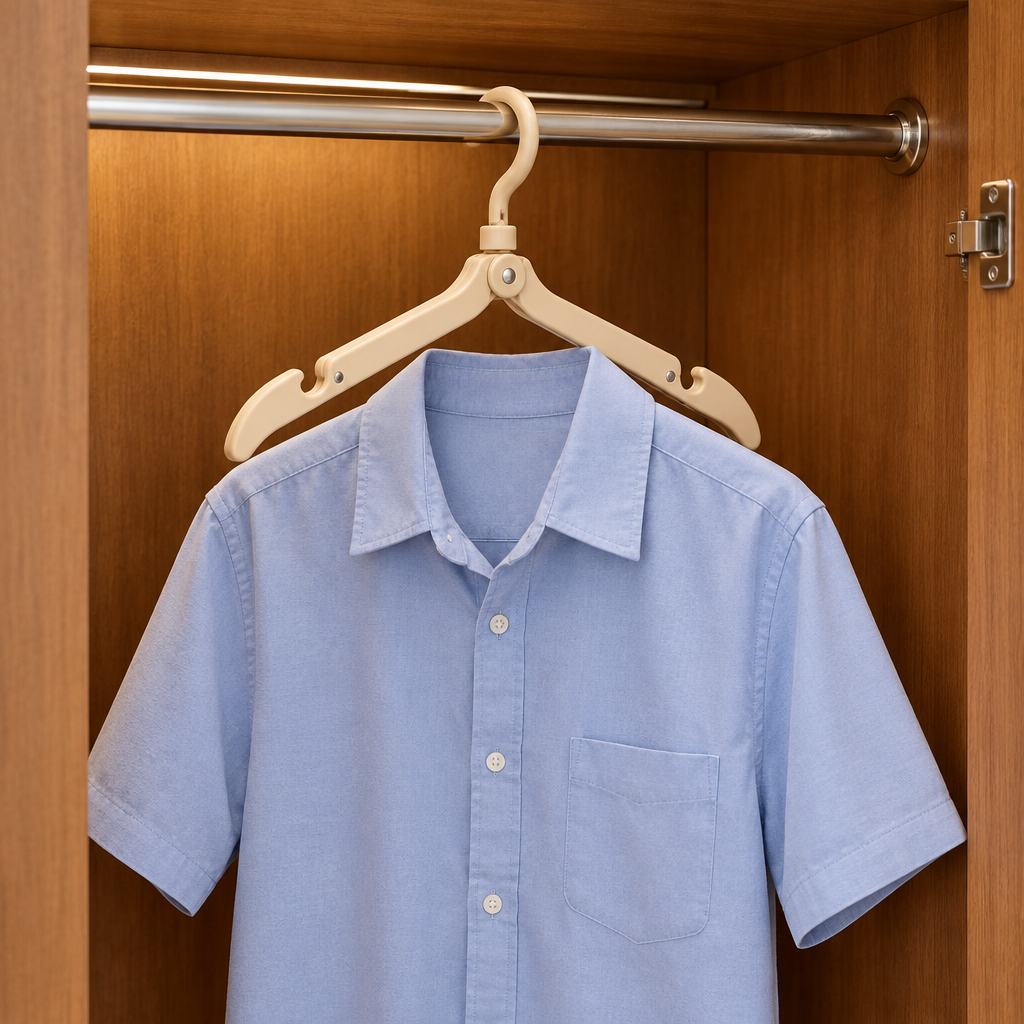 Foldable travel hanger hanging a blue short-sleeve shirt in a wooden hotel wardrobe in Indonesia