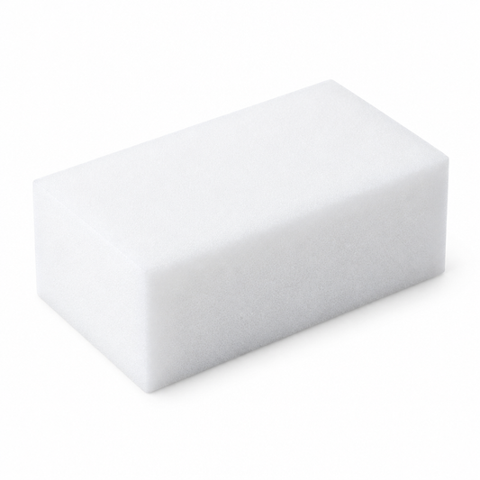 High-density white melamine cleaning sponge block on white background