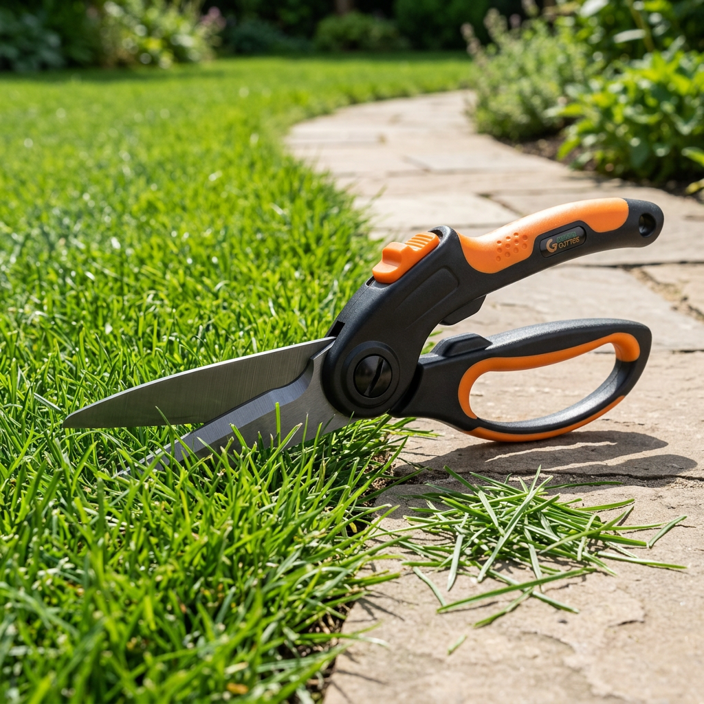 Manual grass shears trimming overgrown lawn grass neatly along a stone garden pathway border in morning sunlight