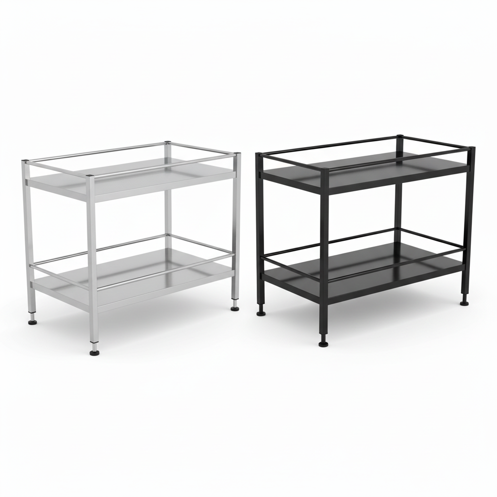 Stainless steel kitchen storage racks in brushed silver and black finishes on pure white background