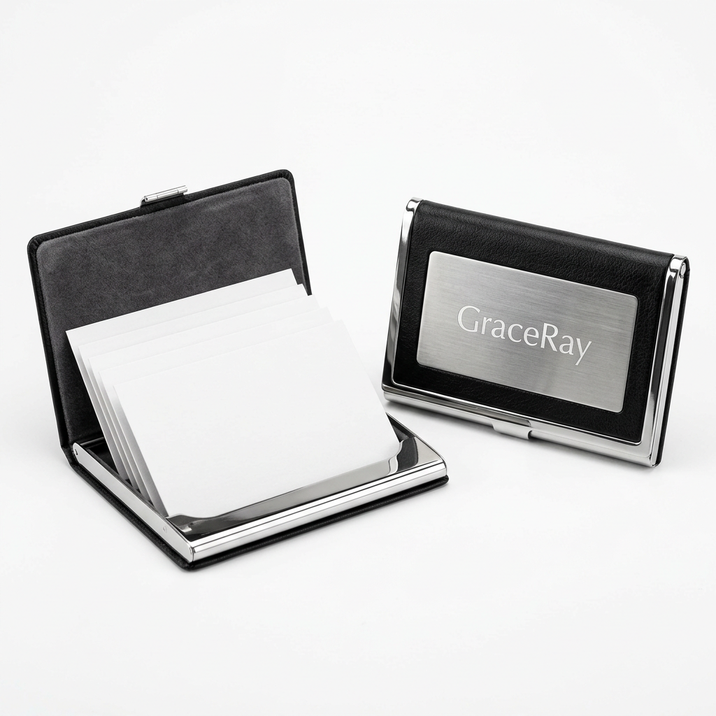 Custom logo business card holder displaying a compact professional design and branded exterior.