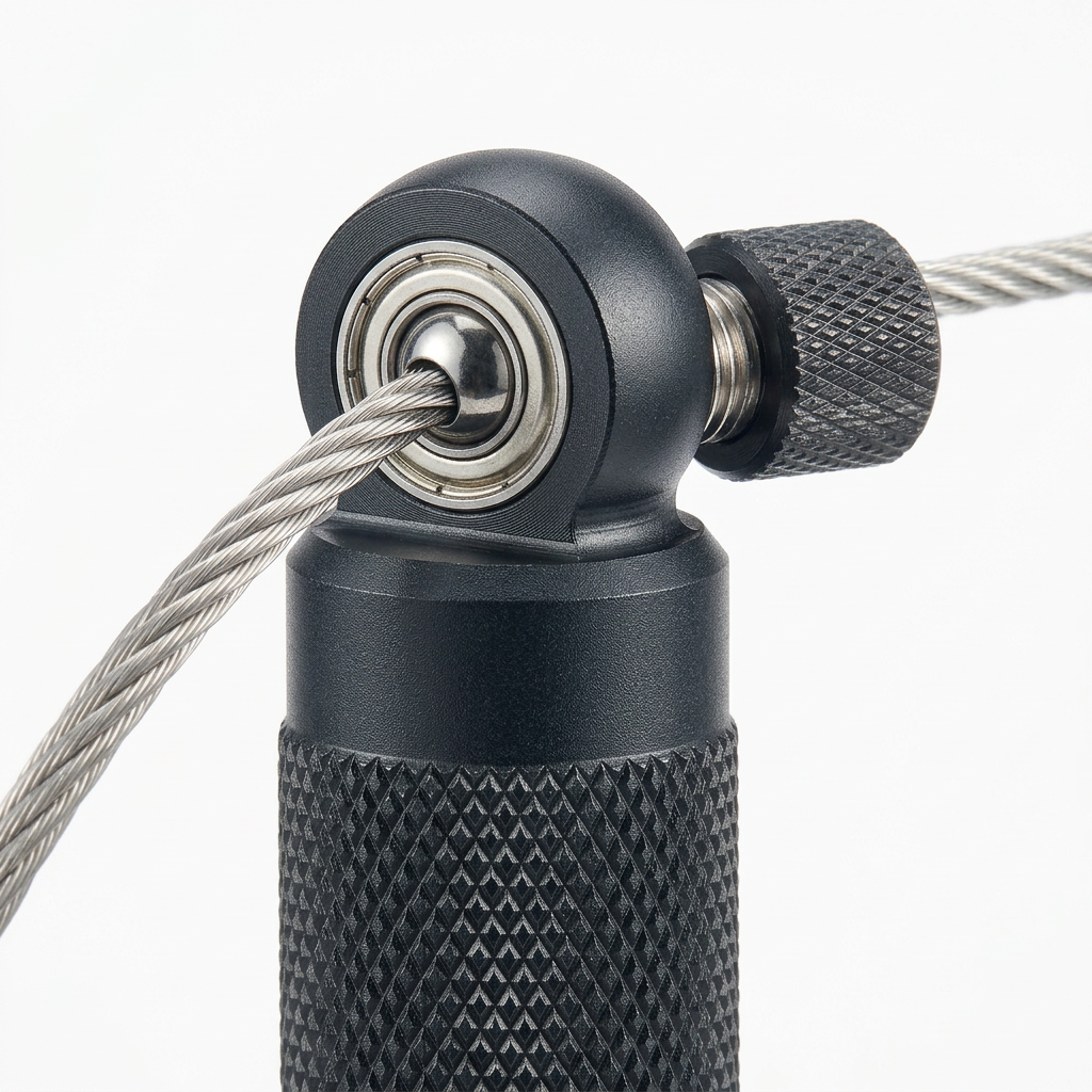 Detail close-up of speed jump rope aluminum handle, 360-degree ball bearing, and adjustment lock on white background