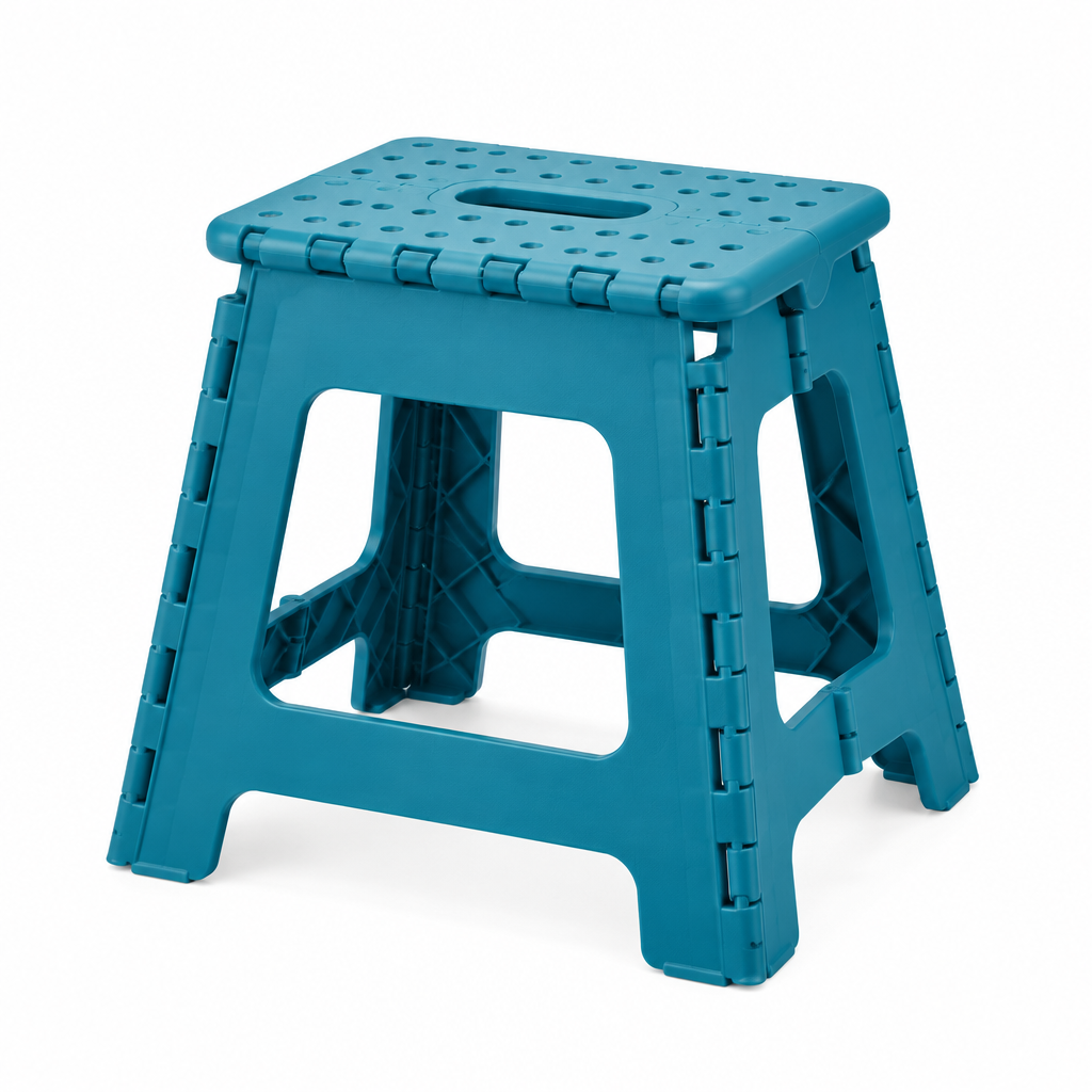 Plastic folding stool in teal blue, open position with square seat and carry handle slot on white background