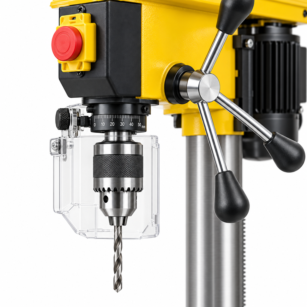 Close-up macro view of the drill press 13mm keyed chuck, acrylic safety guard, depth stop gauge, and three-spoke feed handle on a pure white background