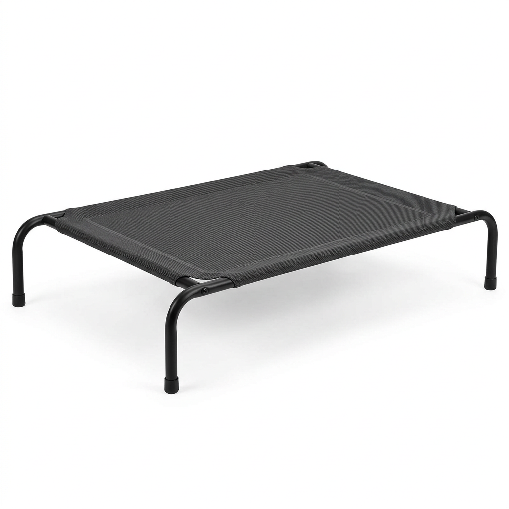 Elevated mesh dog bed showing black steel tube frame, raised legs, and breathable dark mesh platform on pure white background