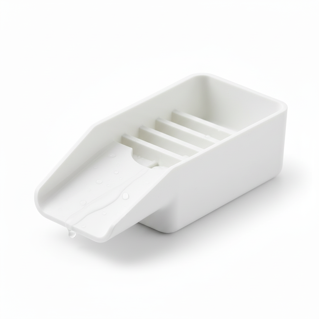 Close-up of interior drainage ridges and drip spout of kitchen sponge holder