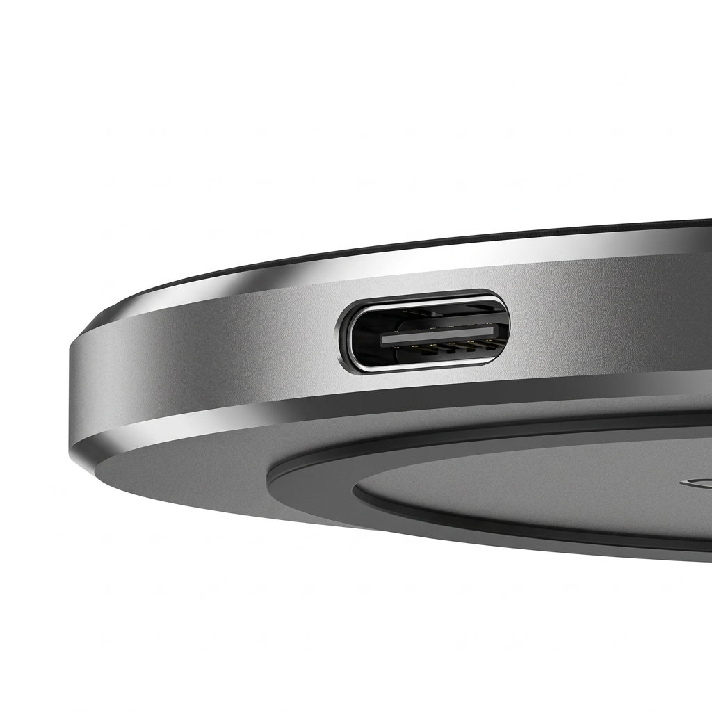 Detail close-up of wireless charging pad showing 6mm ultra-slim CNC chamfered edge and USB-C port on white background