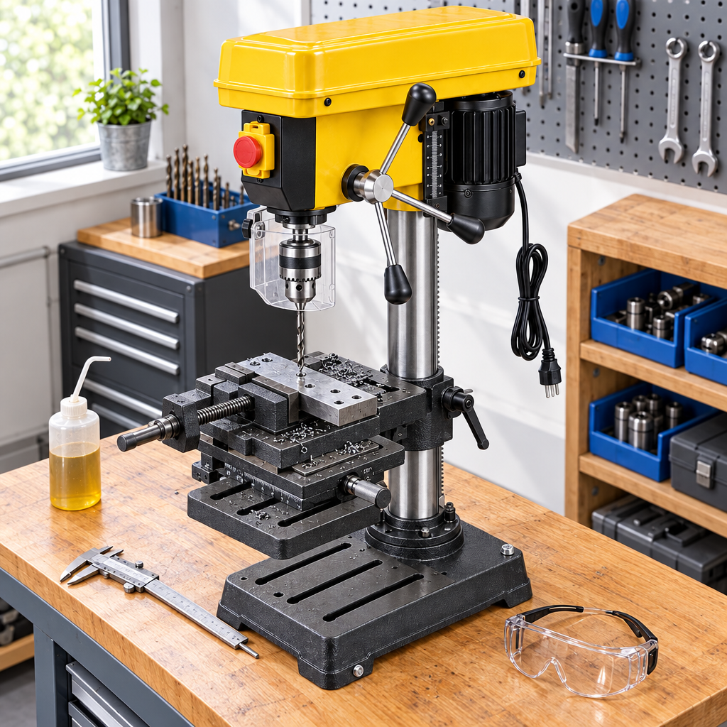 Benchtop electric drill press mounted on a wooden workshop workbench with drill press vise, steel workpiece, swarf chips, and safety goggles