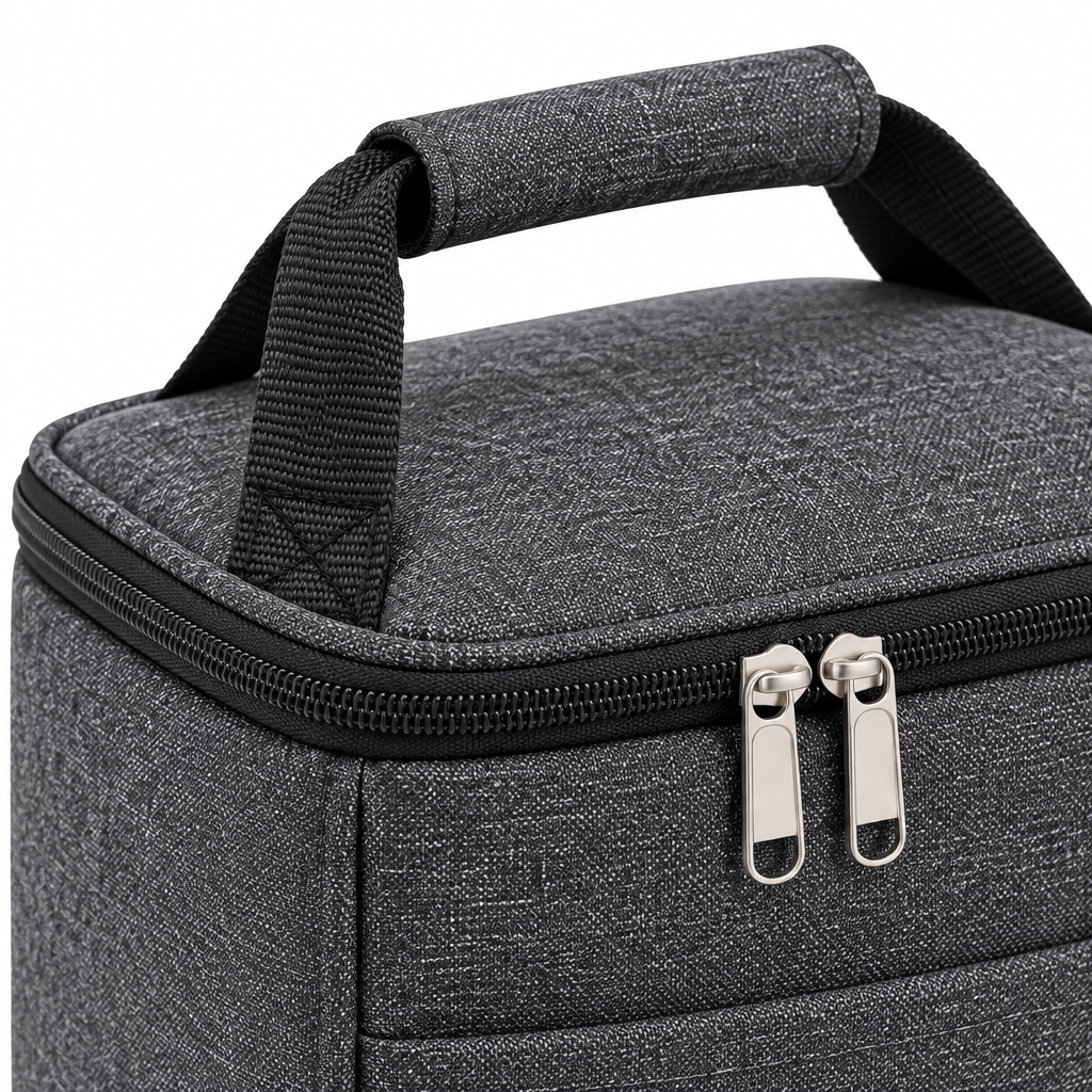 Close-up of the lunch bag two-way zipper pulls and reinforced padded webbing handle stitching