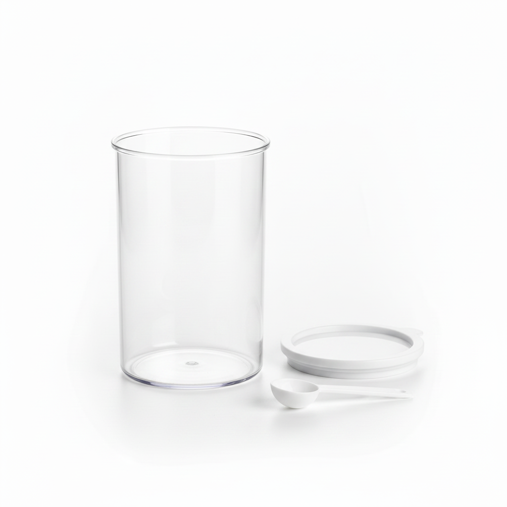 Open clear food storage container with white sealing lid and measuring spoon resting beside it on pure white background