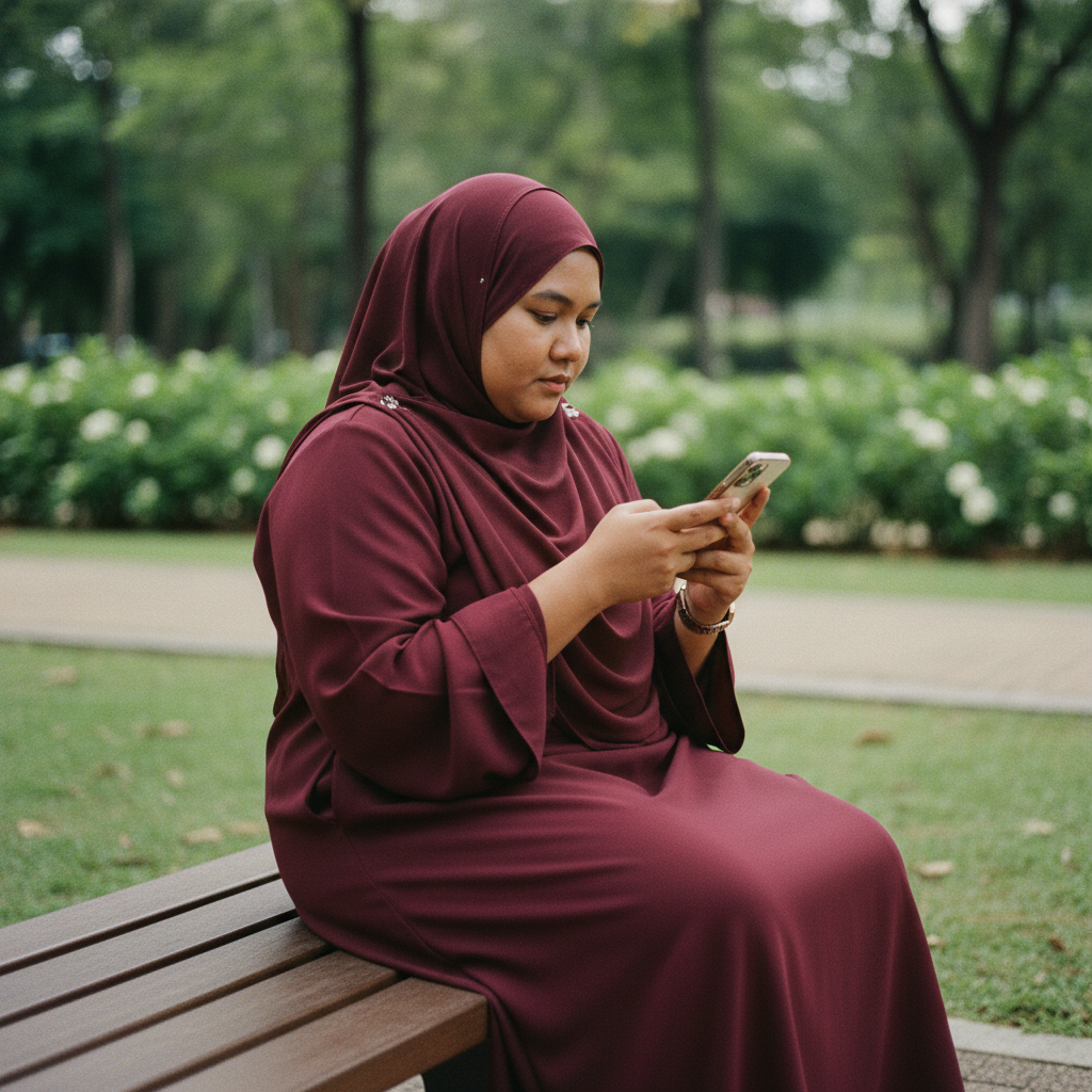 Malaysian Muslim woman burgundy abaya sitting in park