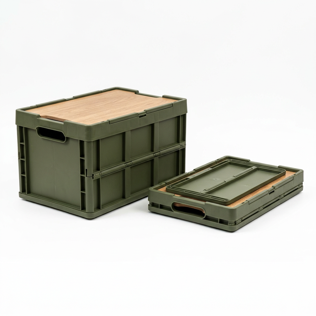Collapsible outdoor storage box in heavy-duty tactical army green PP plastic, showing one unit fully assembled with wooden tabletop lid beside an identical unit collapsed flat on pure white background