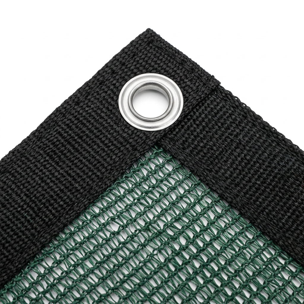 Macro close-up detail of garden shade net corner aluminum grommet, multi-row stitched webbing border, and knitted HDPE mesh weave on pure white background