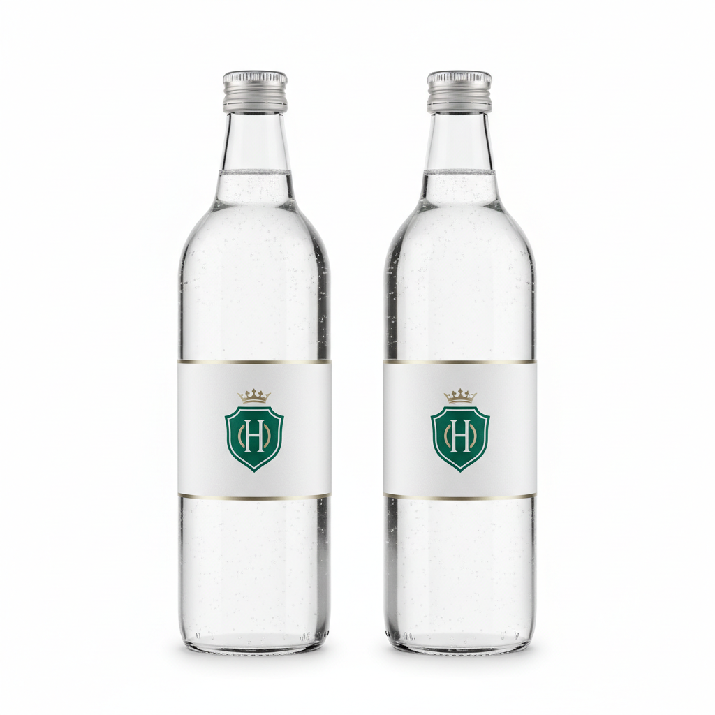 Hotel water bottles with custom printed labels and aluminum caps on white background