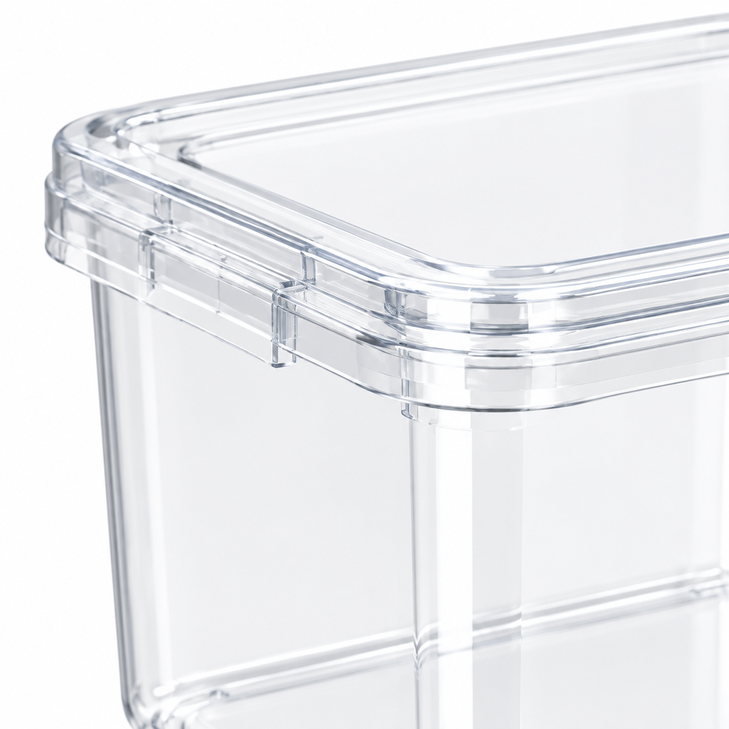 Close-up of the transparent storage box corner showing the clear lid fit and stacking rim