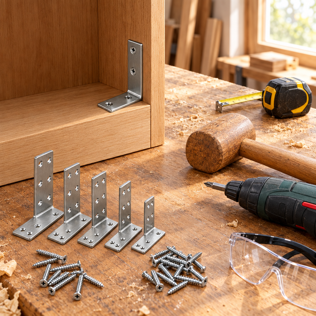 Brushed stainless steel L-bracket screwed inside a wooden cabinet shelf corner joint with wooden mallet and screwdriver nearby