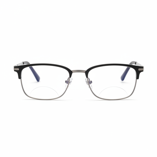 Bifocal reading glasses with dual vision zones front view on white background