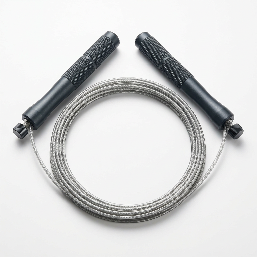 Adjustable skipping rope with handles displayed for cardio and fitness training.