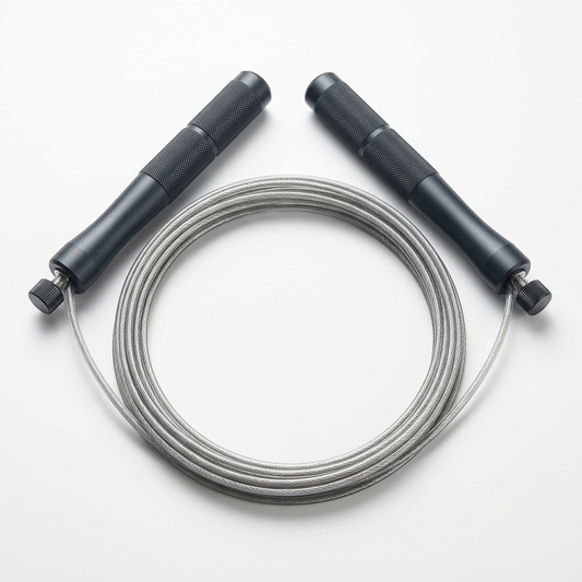 Adjustable skipping rope with handles displayed for cardio and fitness training.