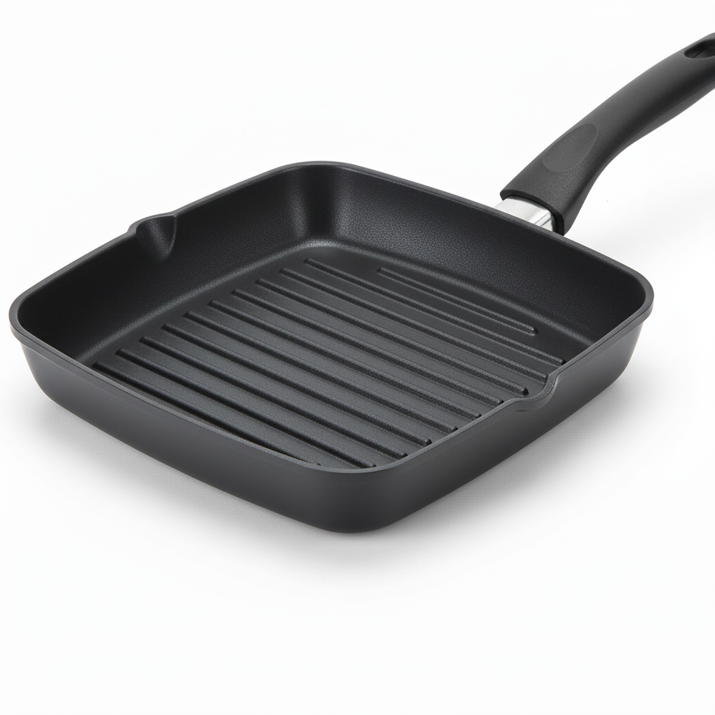 Close-up macro detail of raised grill ridges, non-stick cooking surface, and pouring spout on square grill pan