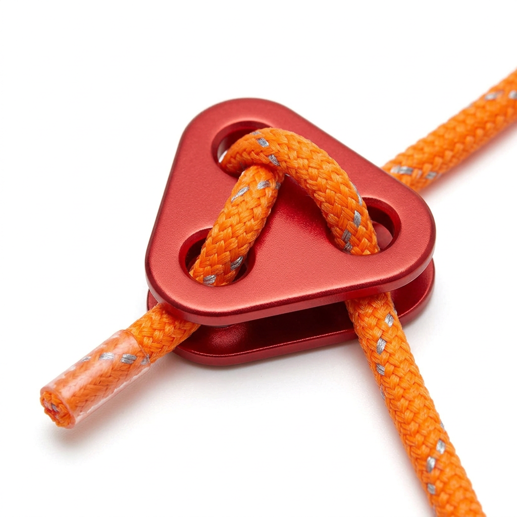 Detail close-up of reflective tent guy line showing red aluminum 3-hole tension runner, intertwined silver reflective threads, and heat-sealed cord aglet on white background