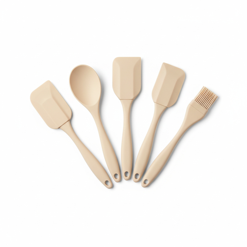 Complete seamless silicone spatula baking set arranged by size on pure white background