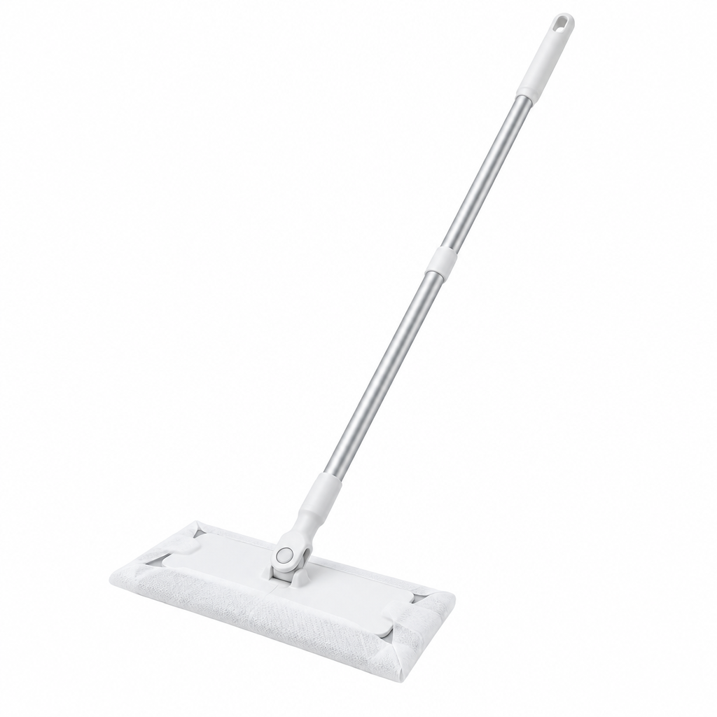 Electrostatic dust mop with flat rectangular head, wrapped dusting sheet, and aluminum handle on white background