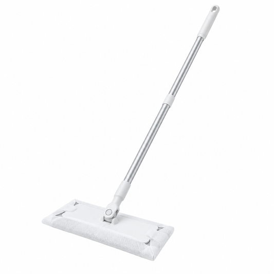 Electrostatic dust mop with flat rectangular head, wrapped dusting sheet, and aluminum handle on white background