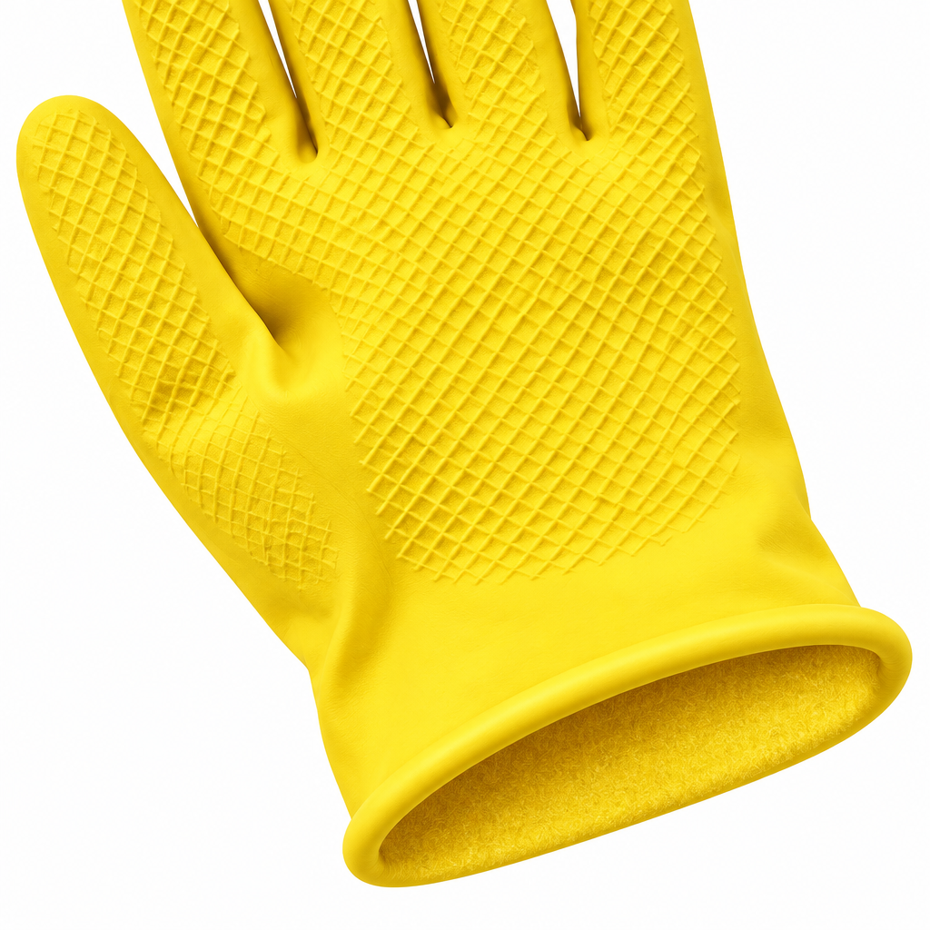 Close-up of rubber household glove palm grip texture, rolled cuff and flocked lining