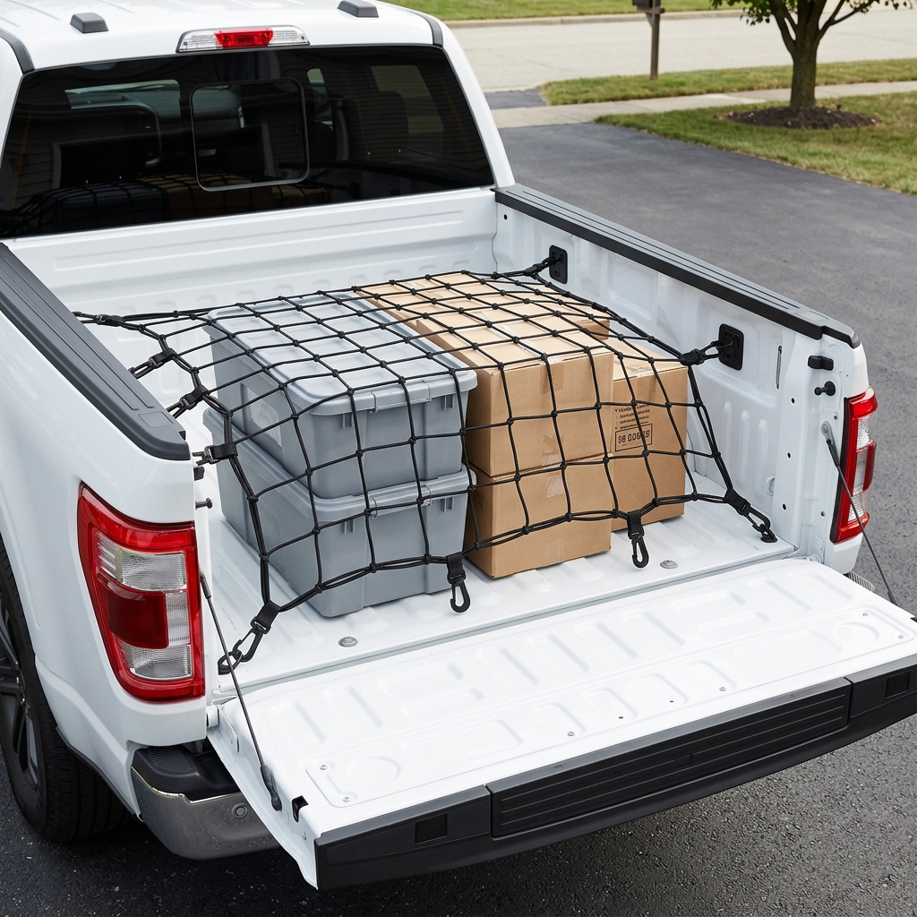 Elastic cargo net hooked across a pickup truck bed securing lightweight storage totes and cardboard boxes