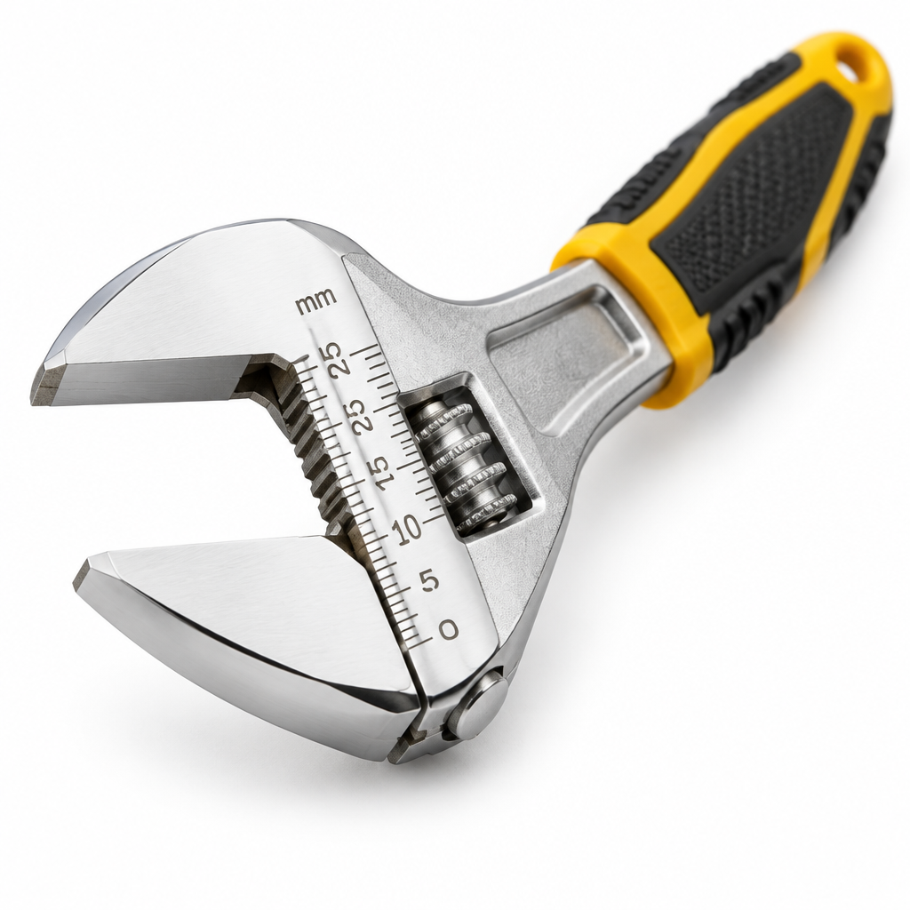 Close-up macro view of the chrome adjustable wrench head showing laser-etched millimeter scale and knurled worm gear on a pure white background