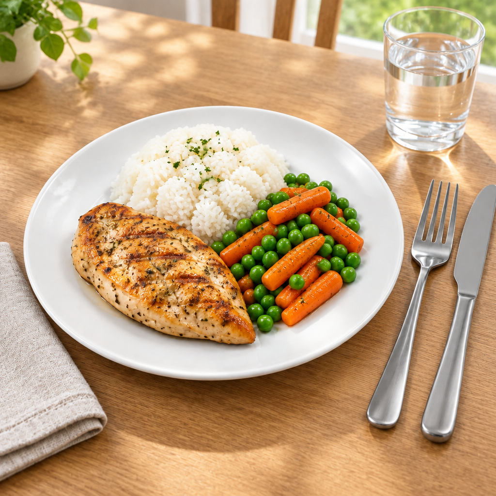 White ceramic dinner plate with everyday meal on a dining table with napkin and water glass
