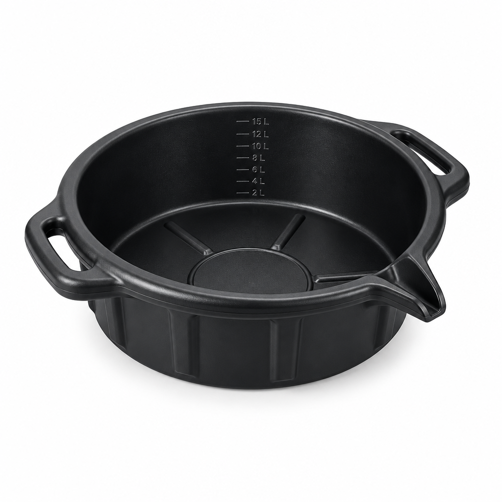 Heavy-duty 15-liter automotive oil drain pan in matte black on a pure white background with comfortable margins