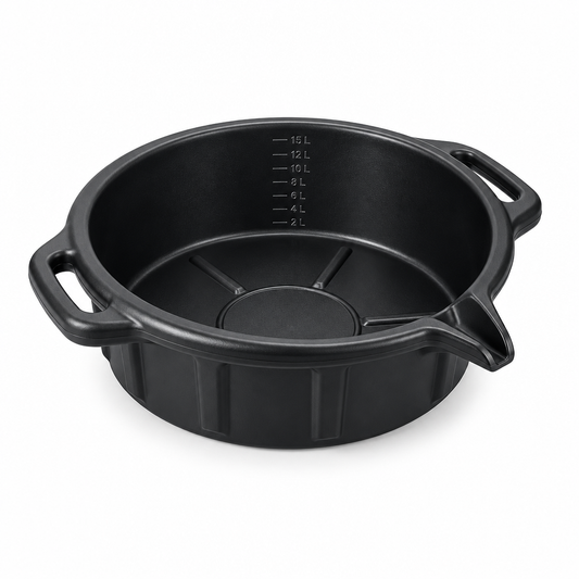 Heavy-duty 15-liter automotive oil drain pan in matte black on a pure white background with comfortable margins