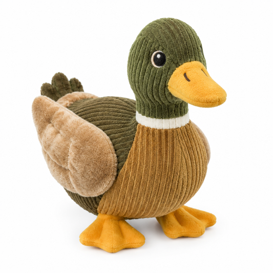 Plush corduroy mallard duck dog toy with internal squeaker on pure white background