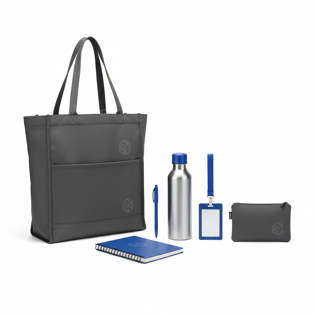 Hotel conference gift set with gusseted tote, spiral notebook, pen, stainless steel bottle, badge holder, lanyard and accessory pouch on white background