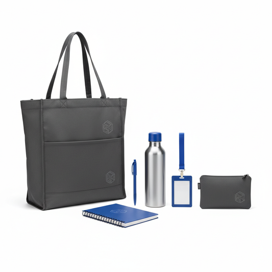 Hotel conference gift set with gusseted tote, spiral notebook, pen, stainless steel bottle, badge holder, lanyard and accessory pouch on white background