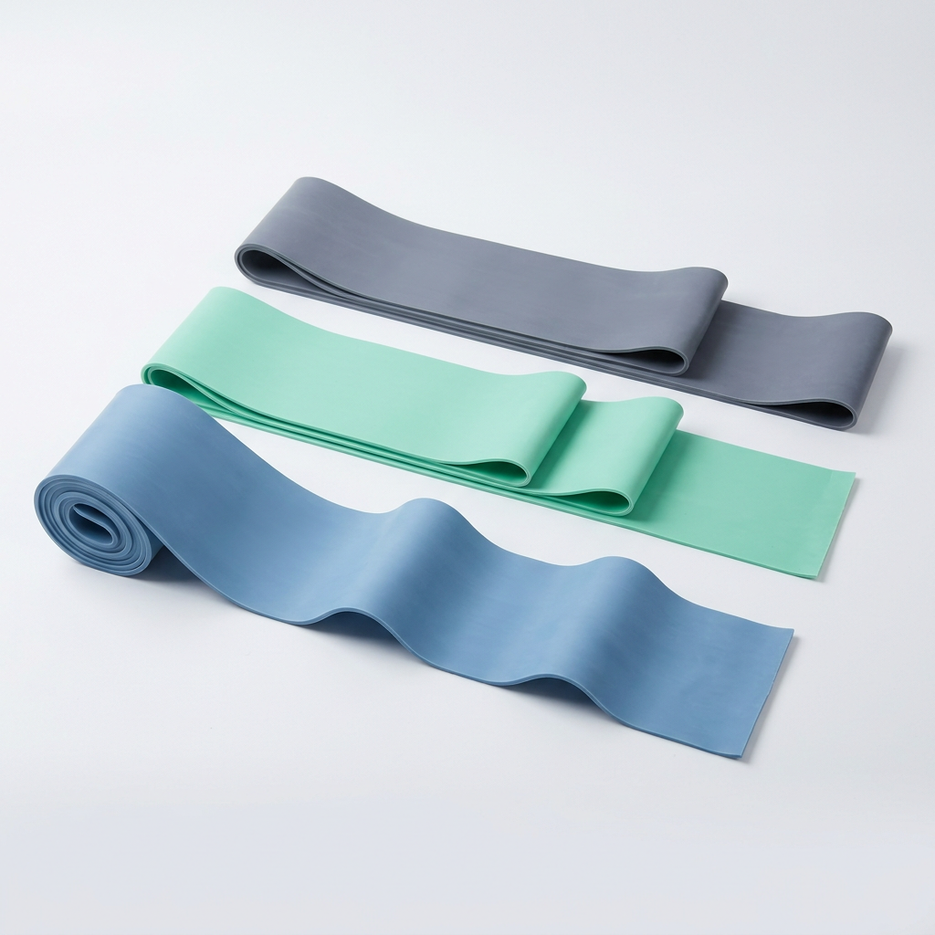 Long resistance bands displayed in different colors for strength and mobility training.
