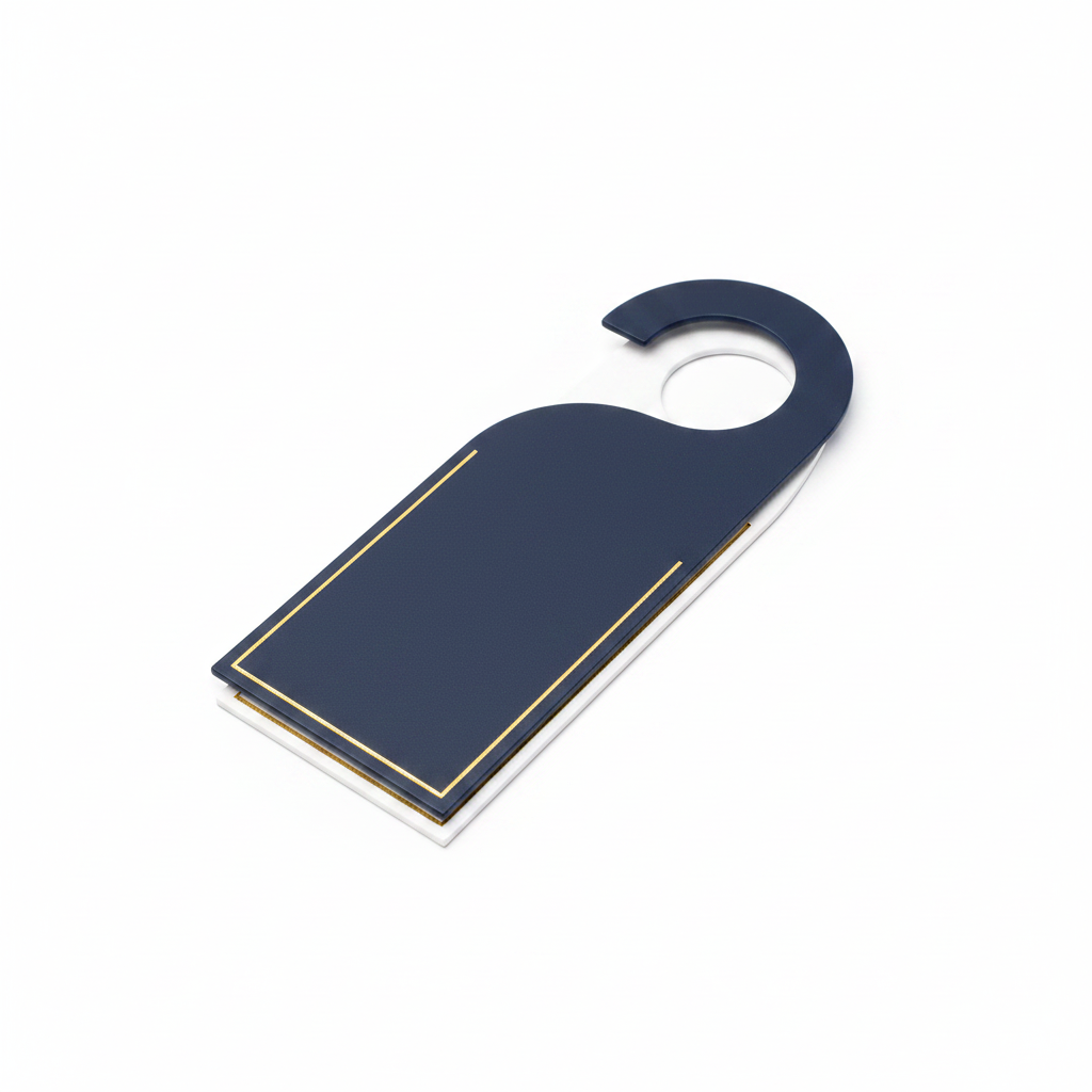 Hotel door hanger with Do Not Disturb message in navy and gold on white background