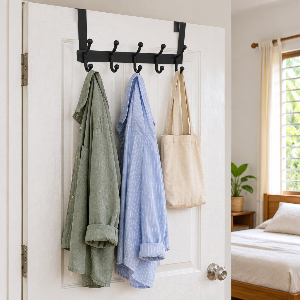 Over-door hook rack hung on a bedroom door holding shirts and a small tote bag