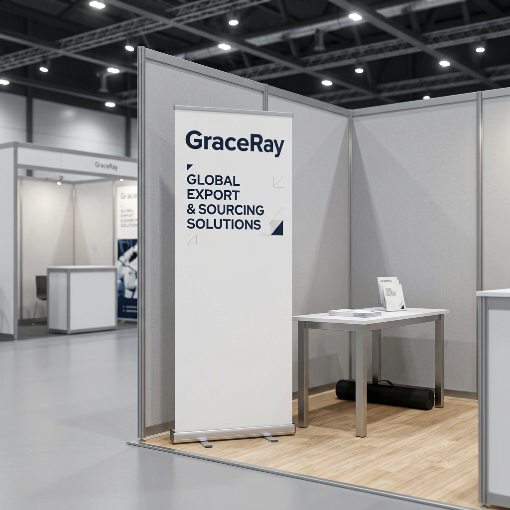 Custom retractable roll up banner stand standing taut at a trade show exhibition booth