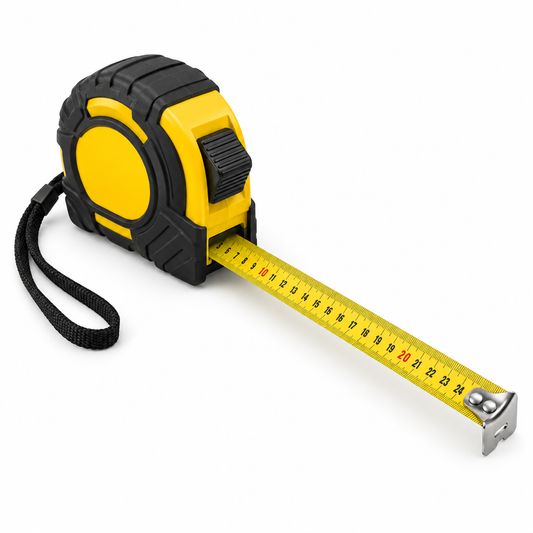 5-meter heavy-duty retractable measuring tape with yellow-black rubberized casing and extended metric steel blade on a seamless pure white background