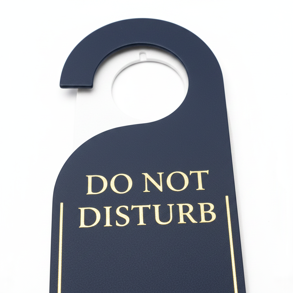 Macro detail of circular door handle hook slot and embossed gold lettering on door hanger