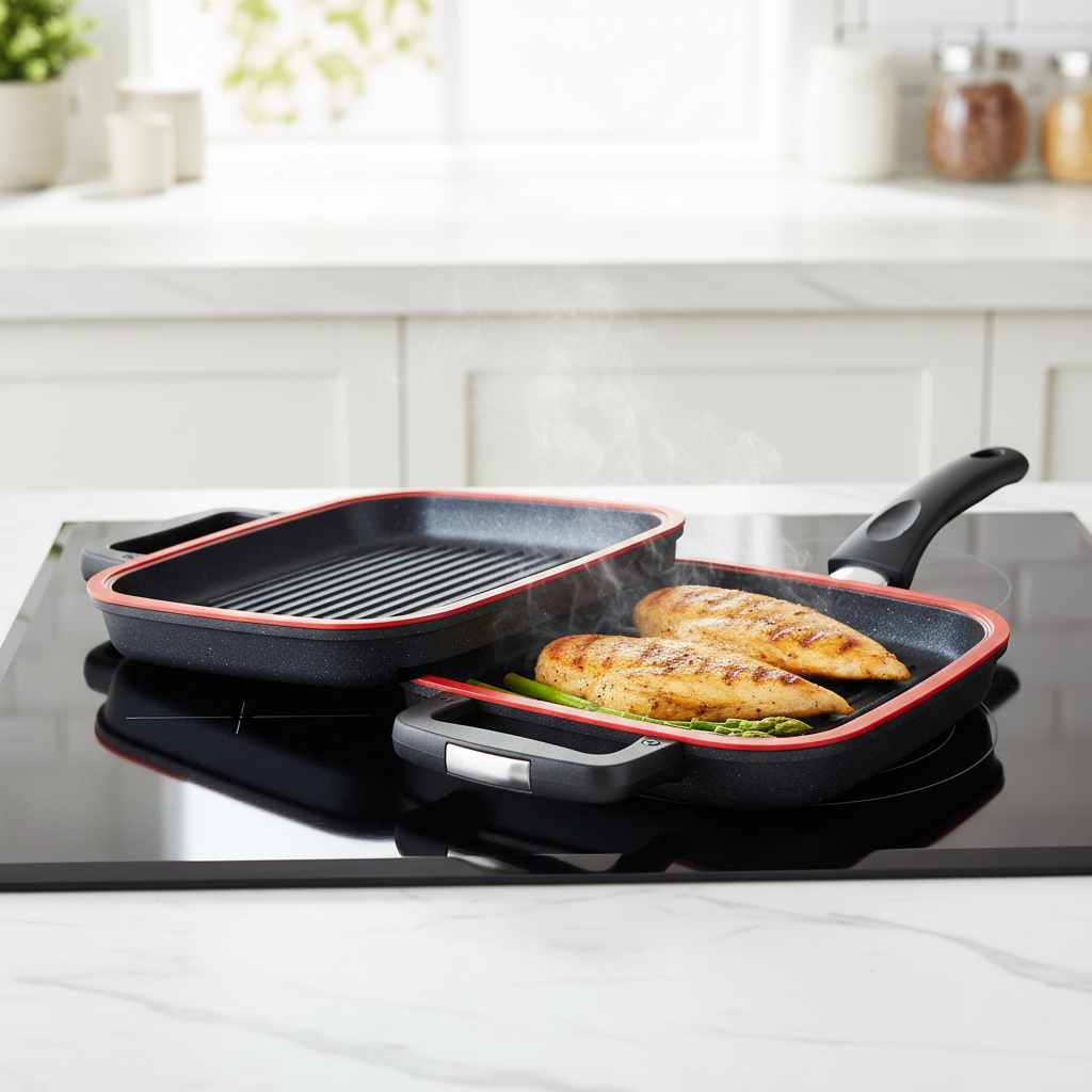 Double-sided grill pan cooking seasoned chicken breasts and fresh asparagus on modern cooktop