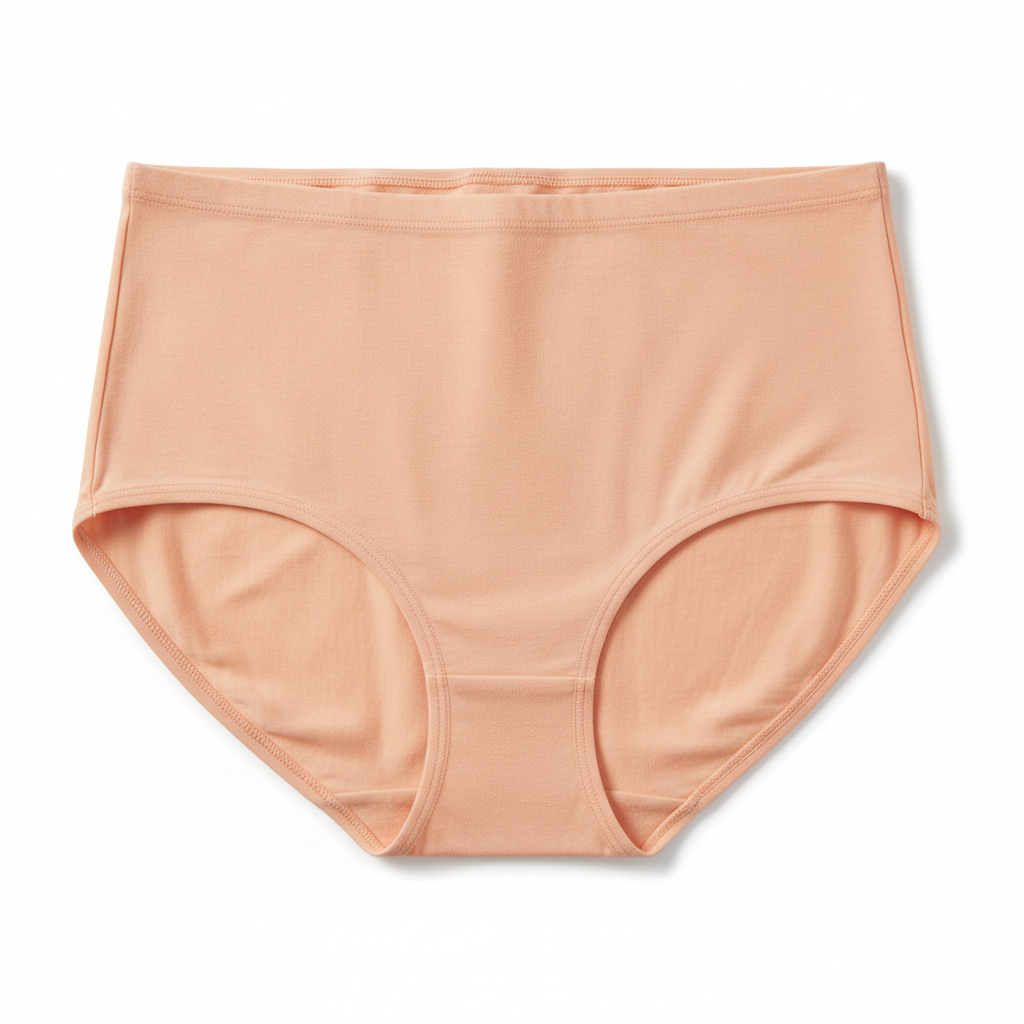 Front view of high waist stretch cotton briefs in soft peach on white background