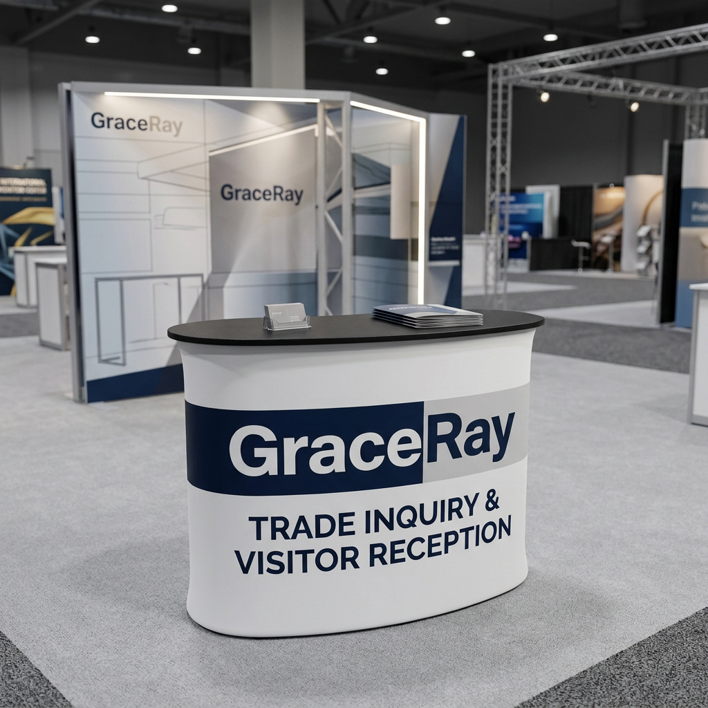 Custom exhibition display counter positioned at the front entrance of a trade show booth