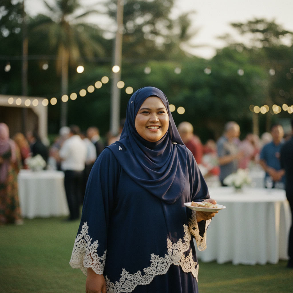 Malaysian Muslim woman navy abaya-inspired dress at wedding