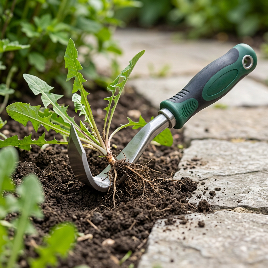 Manual weeding tool hooking under weed roots and prying an unwanted weed out of dark garden soil along paving stones