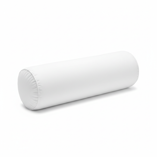 White cylindrical hotel bolster pillow shown at angle displaying elongated shape smooth cotton-polyester cover and hemmed ends on white background, commercial hospitality guestroom decorative support pillow